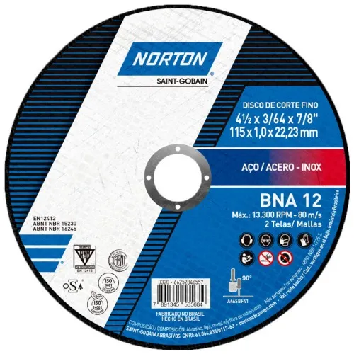 Disco de corte para metal e inox 4.1/2 x 3/64 x 7/8