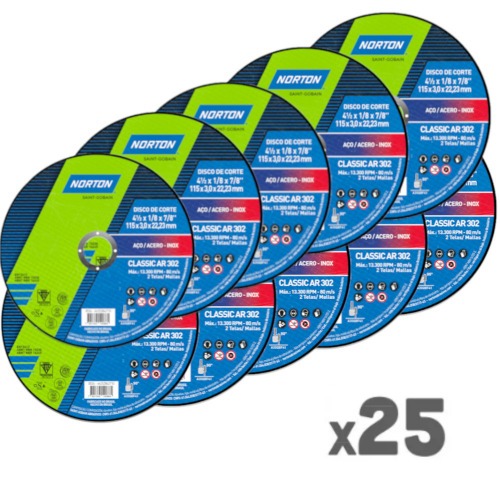 Kit 25 Discos de corte para aço 4.1/2 x 1/8 x 7/8 Kit 25 Discos de corte para aço 4.1/2 x 1/8 x 7/8