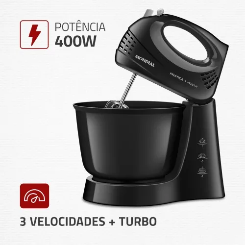 Batedeira 400 watts 3 velocidades preta Prática - B-44-B  220V