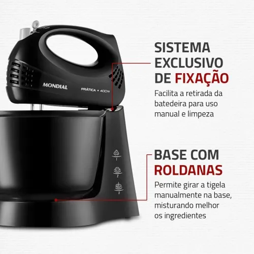 Batedeira 400 watts 3 velocidades preta Prática - B-44-B  220V