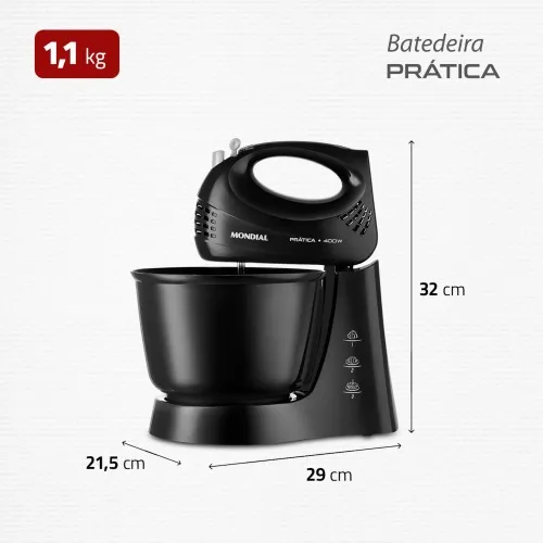 Batedeira 400 watts 3 velocidades preta Prática - B-44-B  220V