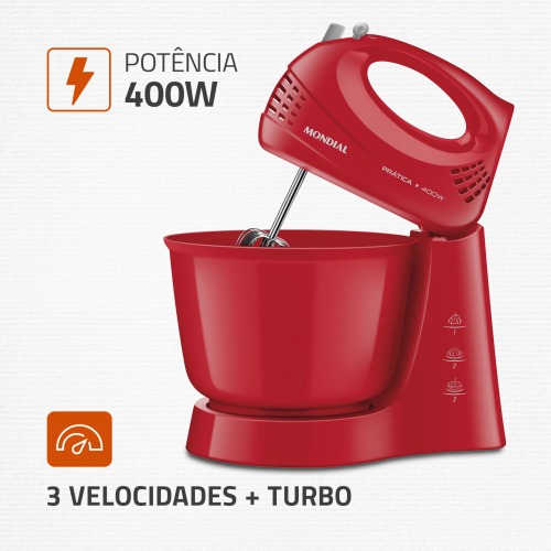 Batedeira 400 watts 3 velocidades vermelha Pr�tica - B-44-R  110V