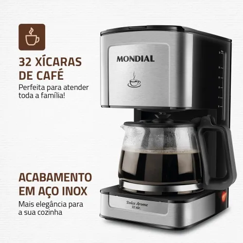 Cafeteira elétrica 800W jarra de vidro 32 xícaras Dolce Arome - C-44-32X-SI  110V