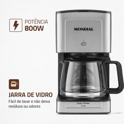 Cafeteira elétrica 800W jarra de vidro 32 xícaras Dolce Arome - C-44-32X-SI  110V