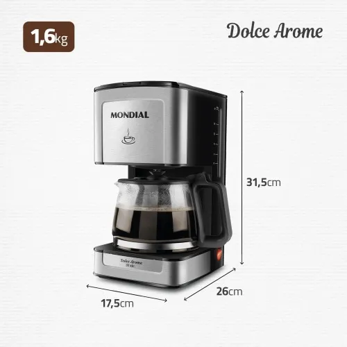 Cafeteira elétrica 800W jarra de vidro 32 xícaras Dolce Arome - C-44-32X-SI  110V