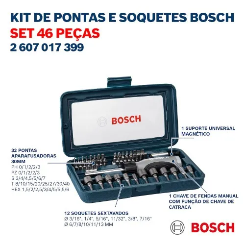Jogo de pontas e soquetes para parafusar com 46 peças - Kits Extra Hard