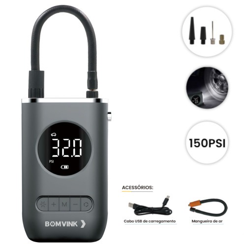 Mini Compressor de Ar portátil digital recarregável 150 PSI - BOM-8905 Mini Compressor de Ar portátil digital recarregável 150 PSI - BOM-8905