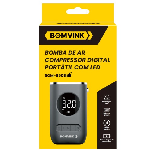 Mini Compressor de Ar portátil digital recarregável 150 PSI - BOM-8905 Mini Compressor de Ar portátil digital recarregável 150 PSI - BOM-8905