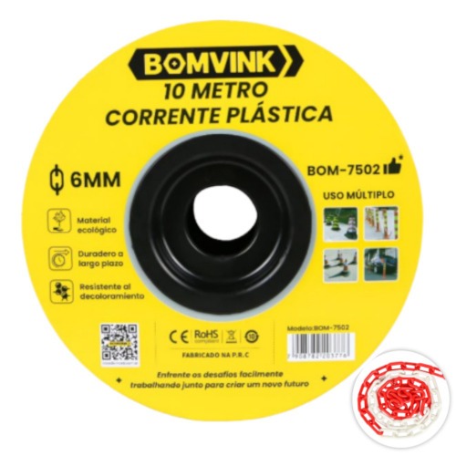 Corrente pl�stica vermelho e branco 6 mm com 10 metros - BOM-7502