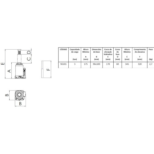 Macaco hidrulico tipo garrafa 3 toneladas - 96101