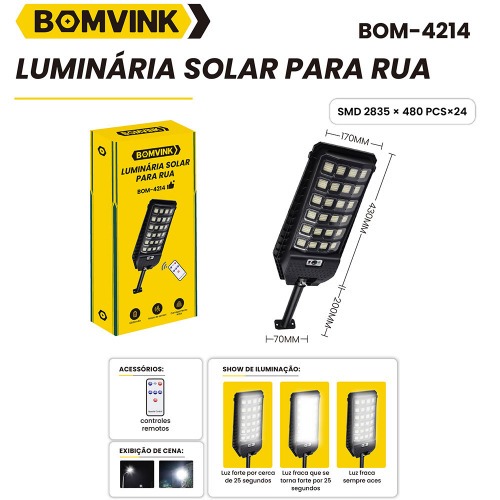 Luminria solar led com sensor de movimento 6600mAh  - BOM-4214