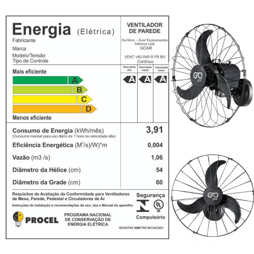 Ventilador de parede 60 cm oscilante preto  - V60P  110V/220V Ventilador de parede 60 cm oscilante preto  - V60P  110V/220V