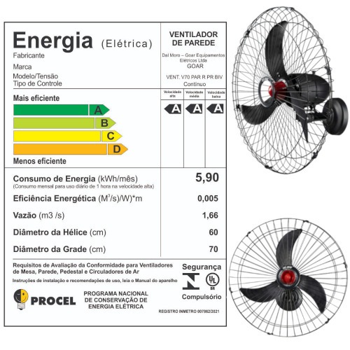 Ventilador de parede 70 cm oscilante bivolt preto - V70P  110V/220V Ventilador de parede 70 cm oscilante bivolt preto - V70P  110V/220V