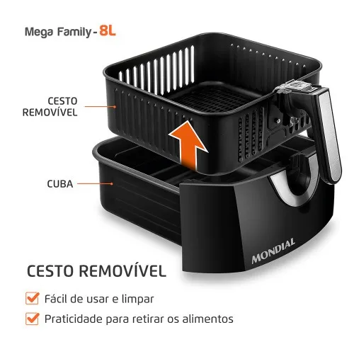 Fritadeira elétrica sem óleo Air Fryer 8L 1900W Mega Family - AFN-80-BI  110V