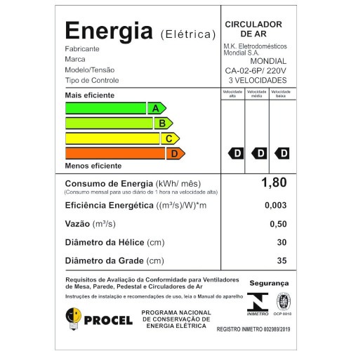 Circulador de ar 30 cm com 3 velocidades - CA-02-6P 220V Circulador de ar 30 cm com 3 velocidades - CA-02-6P 220V