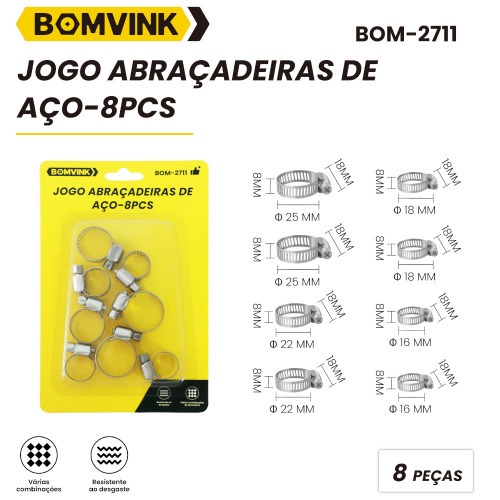 Jogo abraçadeiras de aço 16 a 25mm com 8 peças - BOM-2711 Jogo abraçadeiras de aço 16 a 25mm com 8 peças - BOM-2711