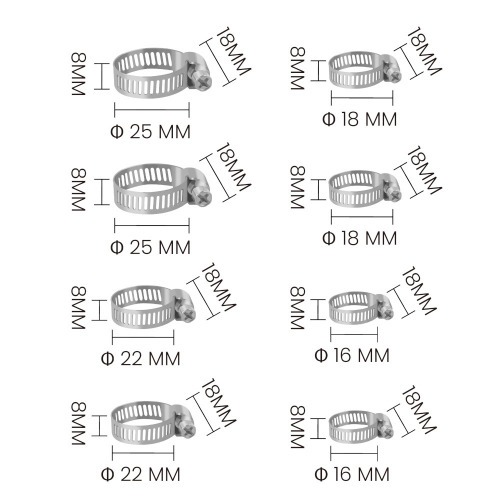 Jogo abraçadeiras de aço 16 a 25mm com 8 peças - BOM-2711 Jogo abraçadeiras de aço 16 a 25mm com 8 peças - BOM-2711