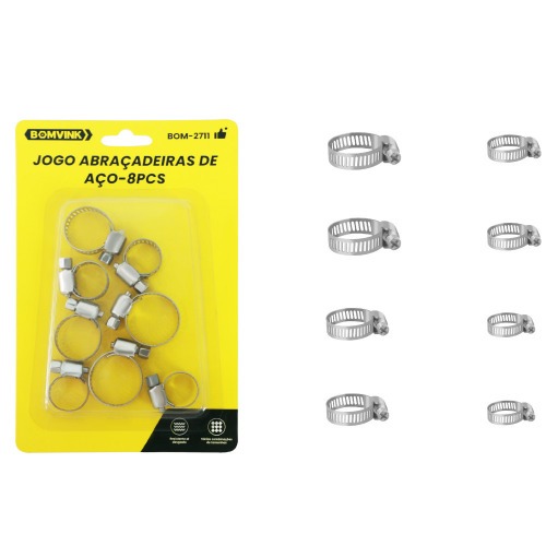 Jogo abraçadeiras de aço 16 a 25mm com 8 peças - BOM-2711 Jogo abraçadeiras de aço 16 a 25mm com 8 peças - BOM-2711