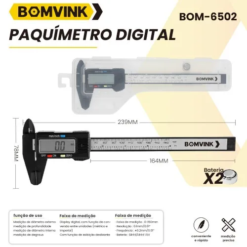 Paquímetro digital capacidade de 150 mm leitura de 0,01 mm - BOM-6502