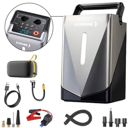 Auxiliar de partida portátil a bateria com compressor integrado e acessórios - BOM-8910 Auxiliar de partida portátil a bateria com compressor integrado e acessórios - BOM-8910