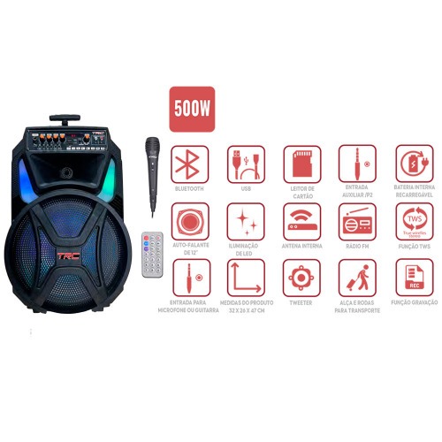 Caixa de som amplificada 500W RMS com Bluetooth TWS Radio FM e Microfone - CT 500   110V/220V