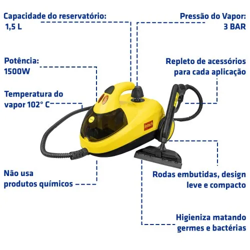 Limpadora a vapor Higienizador 1500W com acessórios - Vapor Clean  110V