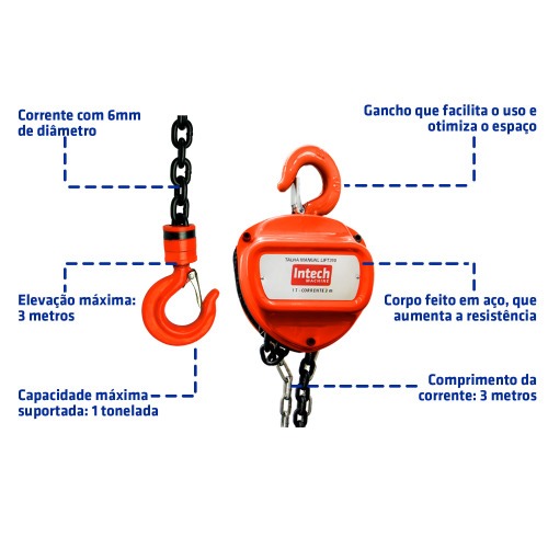 Talha manual com capacidade de 1.000 kg e 3 metros de corrente - LIFT310 Talha manual com capacidade de 1.000 kg e 3 metros de corrente - LIFT310