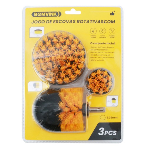 Jogo de escovas rotativas para furadeira e parafusadeira com 3 peças - BOM-7324 Jogo de escovas rotativas para furadeira e parafusadeira com 3 peças - BOM-7324