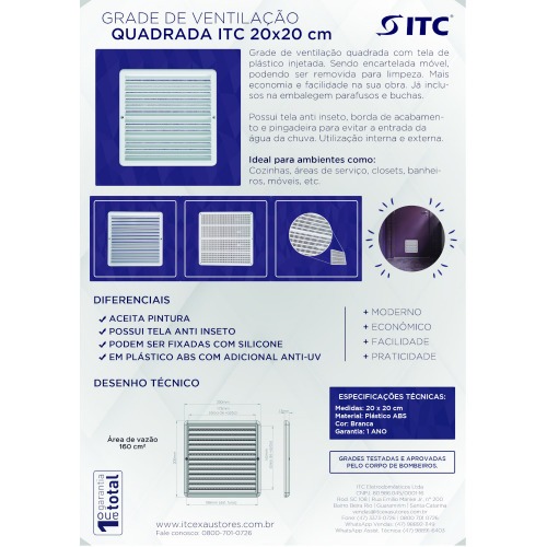 Grade de ventilação plástica quadrada 20 x 20 cm Grade de ventilação plástica quadrada 20 x 20 cm