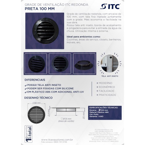 Grade de ventilação plástica para duto de 100 mm - GR100P Grade de ventilação plástica para duto de 100 mm - GR100P
