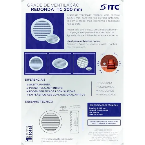 Grade de ventilação plástica para duto de 200 mm