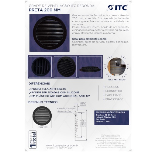 Grade de ventilação plástica para duto de 200 mm - GR200P Grade de ventilação plástica para duto de 200 mm - GR200P