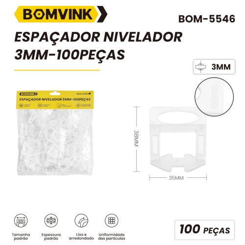 Espaçador e nivelador para piso 3,0 mm com 100 peças - BOM-5546 Espaçador e nivelador para piso 3,0 mm com 100 peças - BOM-5546
