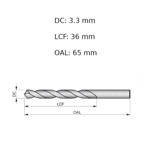 Broca de aço rápido para metal 3,3 mm DIN 338 - A1143.3B Broca de aço rápido para metal 3,3 mm DIN 338 - A1143.3B