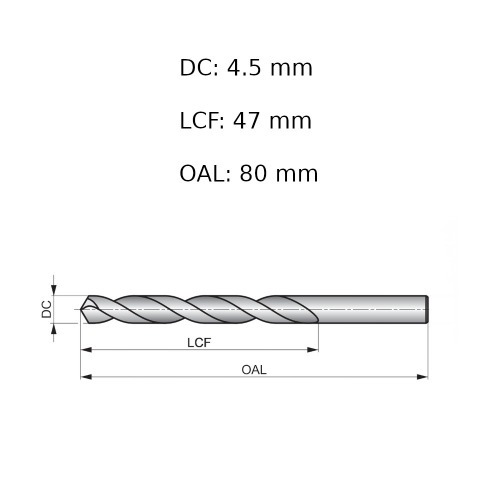 Broca de aço rápido para metal 4,5 mm DIN 338 - A1144.5B Broca de aço rápido para metal 4,5 mm DIN 338 - A1144.5B
