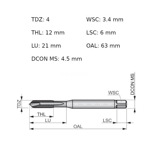 Macho máquina aço rápido ponta helicoidal M4 x 0,7 mm DIN 371 - EP00M4 Macho máquina aço rápido ponta helicoidal M4 x 0,7 mm DIN 371 - EP00M4