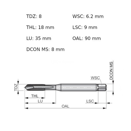 Macho máquina aço rápido ponta helicoidal M8 x 1,25 mm DIN 371 - EP00M8 Macho máquina aço rápido ponta helicoidal M8 x 1,25 mm DIN 371 - EP00M8