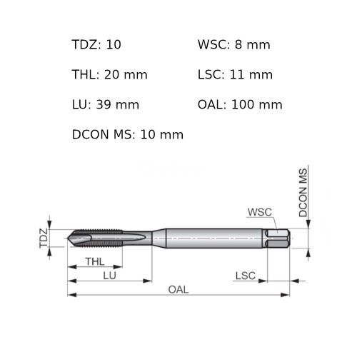 Macho máquina aço rápido ponta helicoidal M10 x 1,5 mm DIN 371 - EP00M10 Macho máquina aço rápido ponta helicoidal M10 x 1,5 mm DIN 371 - EP00M10