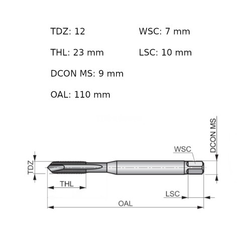 Macho máquina aço rápido ponta helicoidal M12 x 1,75 mm DIN 371 - EP00M12 Macho máquina aço rápido ponta helicoidal M12 x 1,75 mm DIN 371 - EP00M12