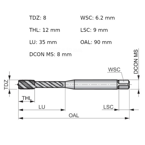 Macho máquina aço rápido canal helicoidal M8 x 1,25 mm DIN 371 - EX00M8 Macho máquina aço rápido canal helicoidal M8 x 1,25 mm DIN 371 - EX00M8