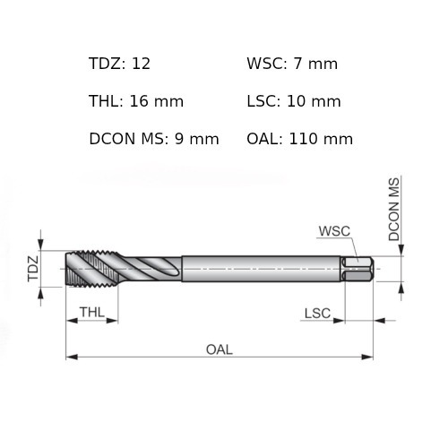 Macho máquina aço rápido canal helicoidal M12 x 1,75 mm DIN 371 - EX00M12 Macho máquina aço rápido canal helicoidal M12 x 1,75 mm DIN 371 - EX00M12