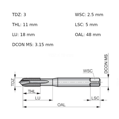 Macho máquina aço rápido ponta helicoidal M3 x 0,5 mm - E556M3 Macho máquina aço rápido ponta helicoidal M3 x 0,5 mm - E556M3