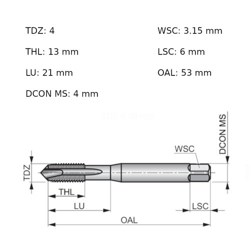 Macho máquina aço rápido ponta helicoidal M4 x 0,7 mm - E556M4 Macho máquina aço rápido ponta helicoidal M4 x 0,7 mm - E556M4
