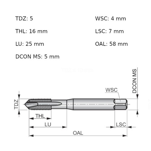 Macho máquina aço rápido ponta helicoidal M5 x 0,8 mm - E556M5 Macho máquina aço rápido ponta helicoidal M5 x 0,8 mm - E556M5