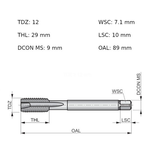 Macho máquina aço rápido ponta helicoidal M12 x 1,75 mm - E556M12 Macho máquina aço rápido ponta helicoidal M12 x 1,75 mm - E556M12