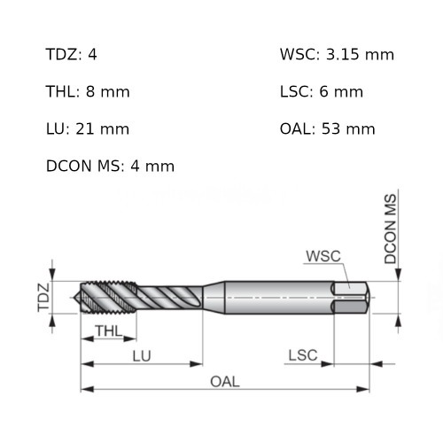 Macho máquina aço rápido canal helicoidal M4 x 0,7 mm E557M4 Macho máquina aço rápido canal helicoidal M4 x 0,7 mm E557M4