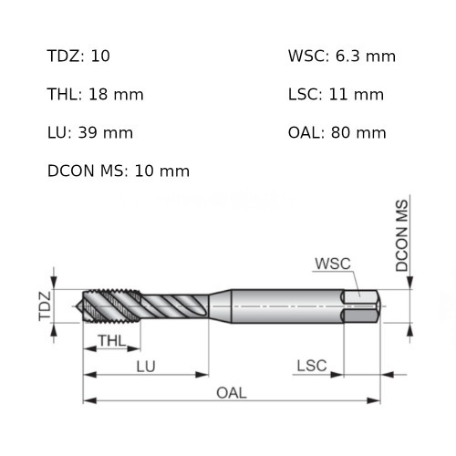 Macho máquina aço rápido canal helicoidal M10 x 1,50 mm E557M10 Macho máquina aço rápido canal helicoidal M10 x 1,50 mm E557M10