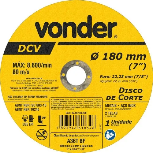 Disco de corte 180 x 2,0 x 22,23 mm DCV