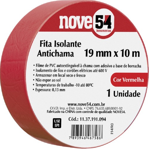 Fita isolante vermelha antichama 19 mm x 10 m