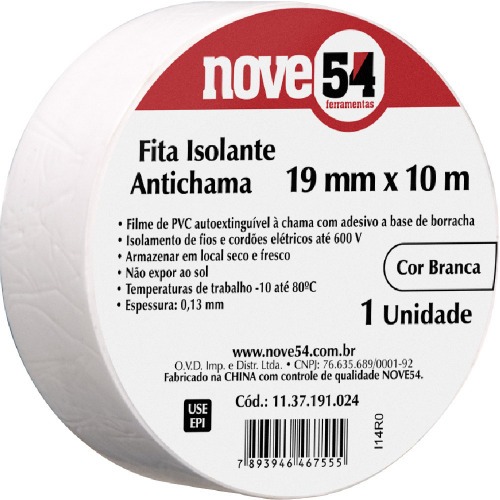 Fita isolante antichama branca 19 mm x 10 m
